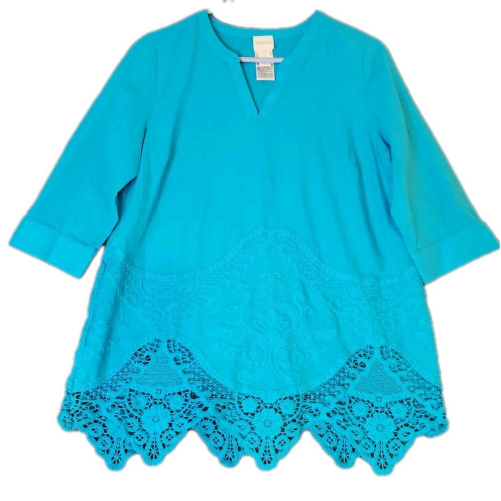 Chico’s‎ Women's Tunic Top Sz 0P Blue 3/4 Sleeve V-Neck 100% Cotton Blouse Lace